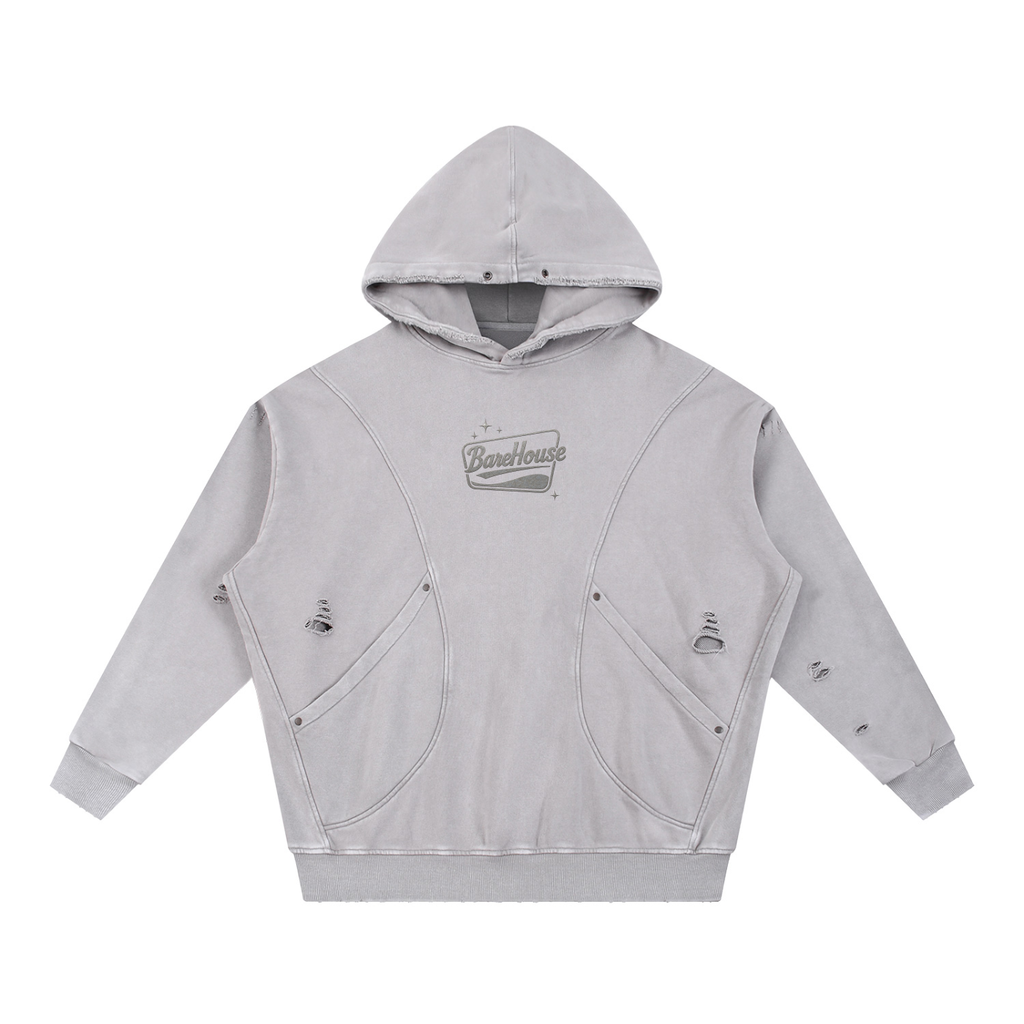 Snow Washed Distressed Panel Pocket Hoodie