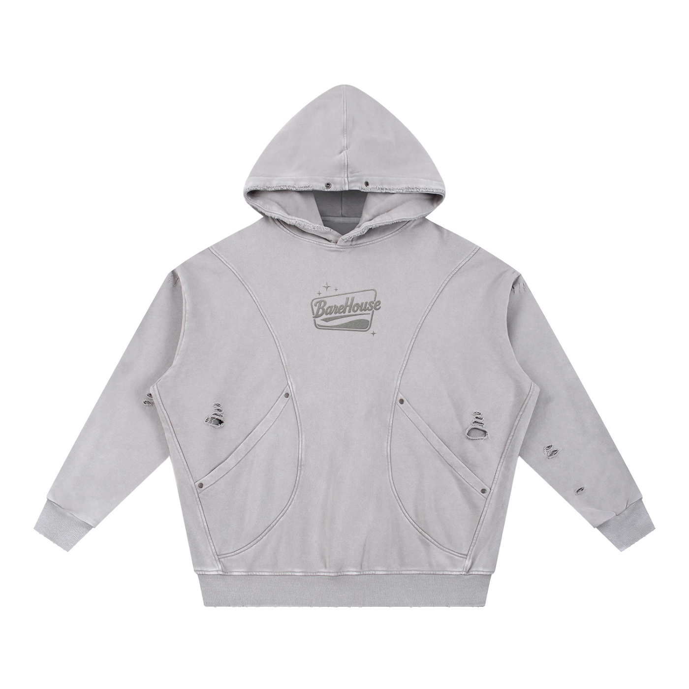 Snow Washed Distressed Panel Pocket Hoodie