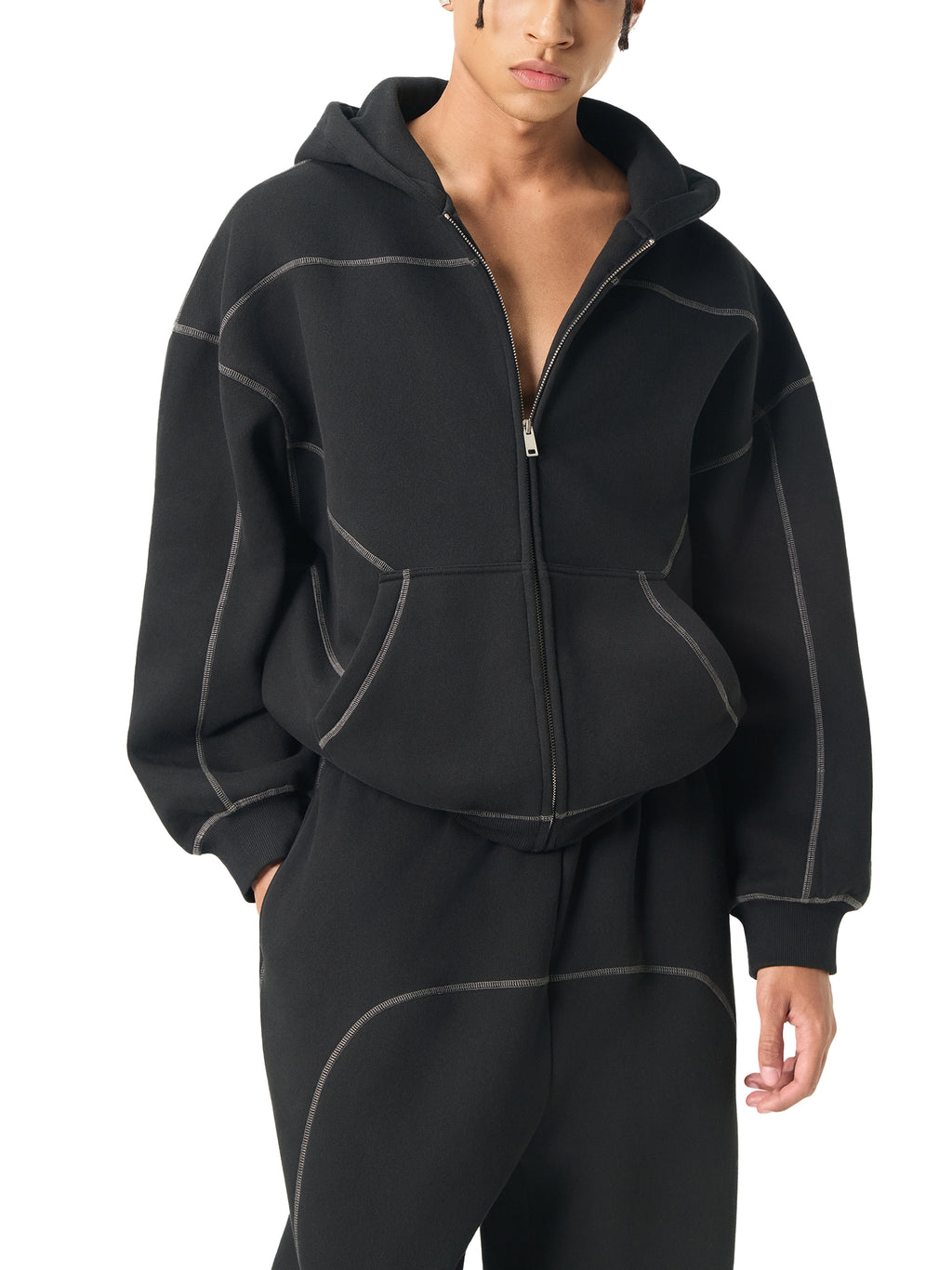 Contrast-Stitched Boxy Fleece Zip Hoodie